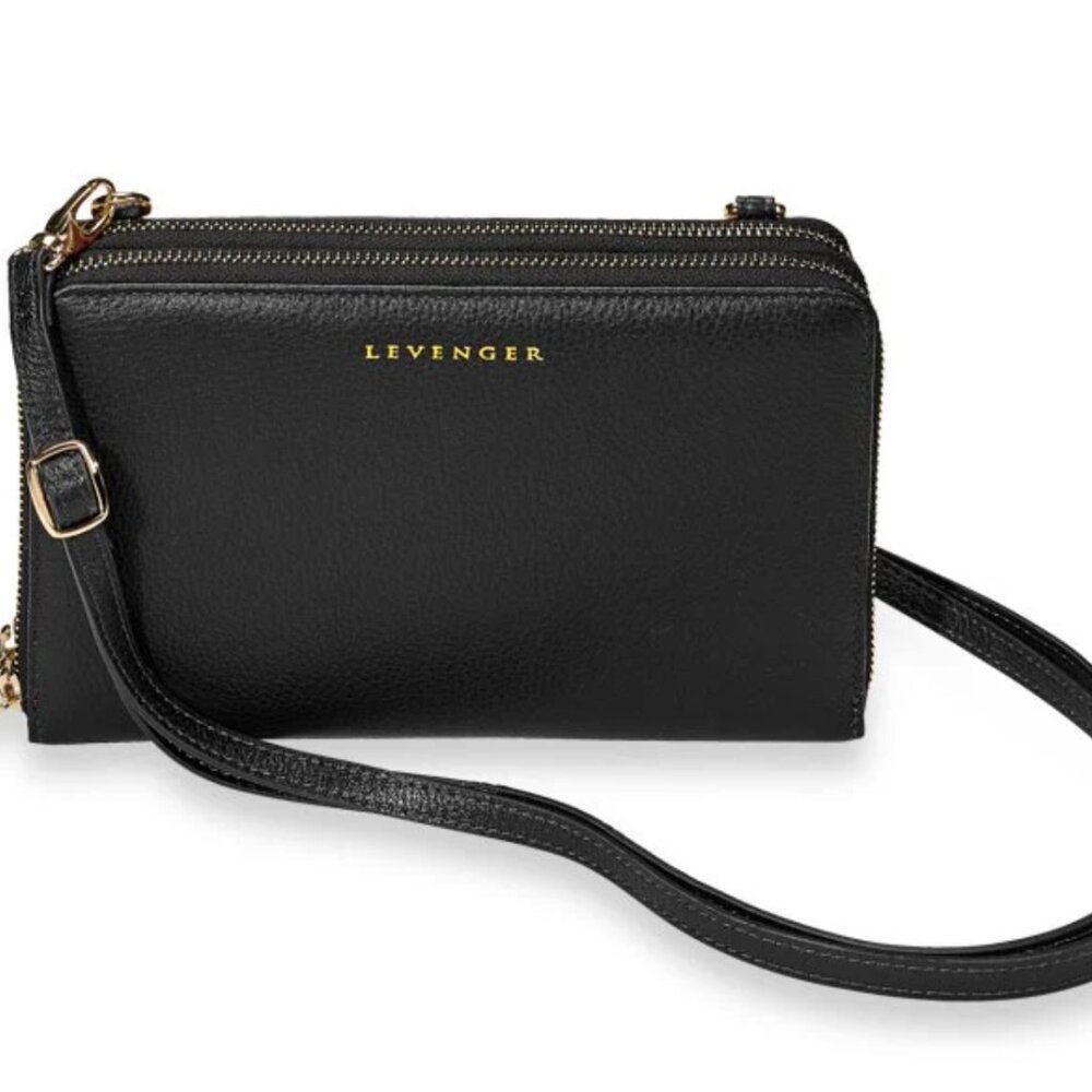 Levenger Carrie Convertible Clutch Wallet Crossbody Black Pebbled Leather